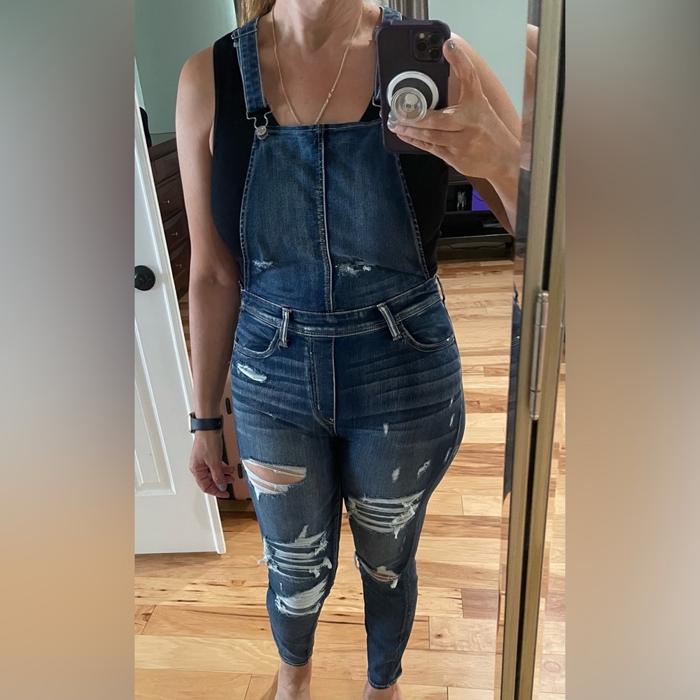 American Eagle Blue Distressed Denim Overalls. Size 10
